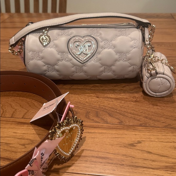 Juicy Couture Bundle Beige Quilted Handbag with Heart Charm & L/XL Belt - Picture 1 of 3